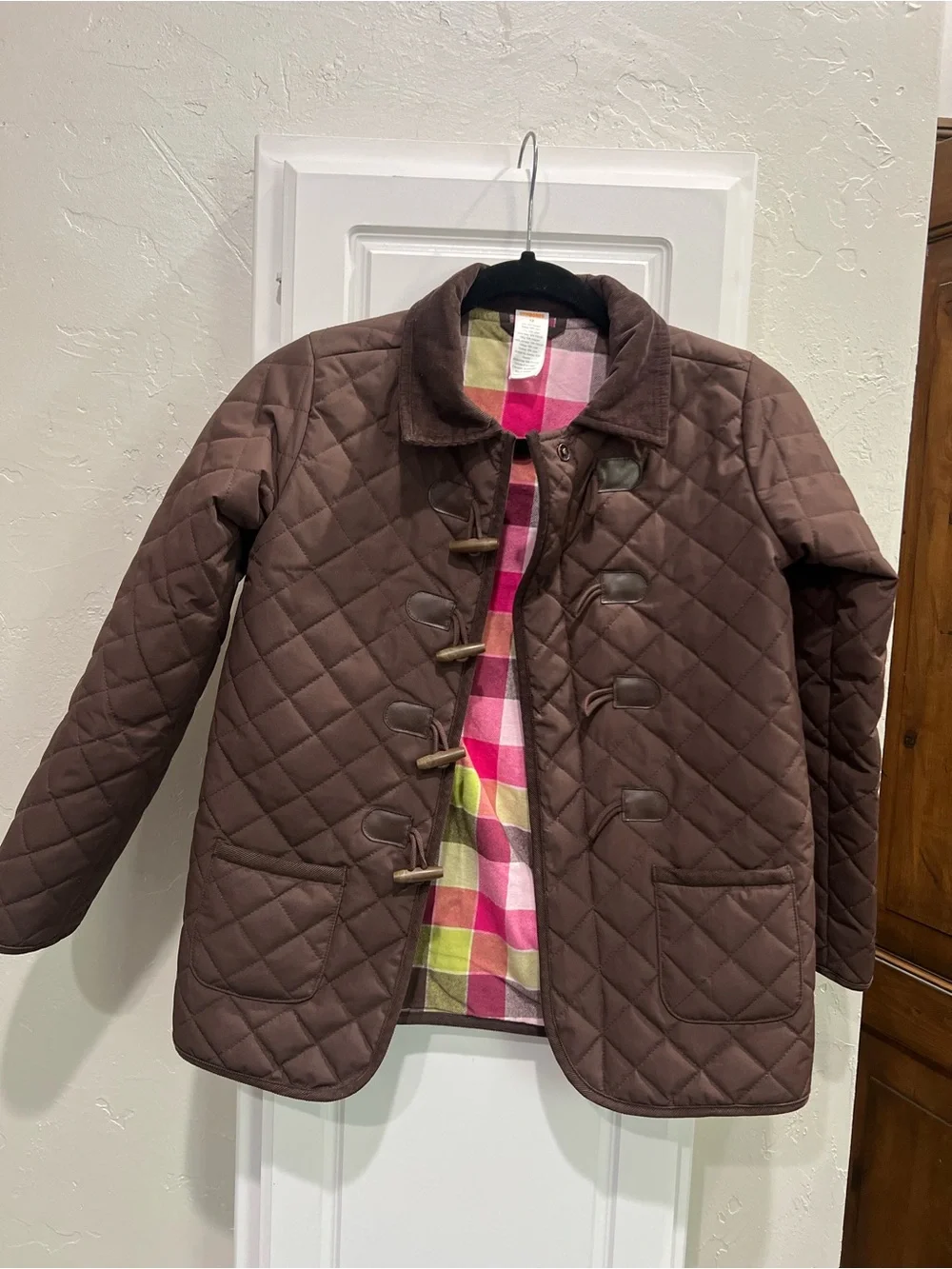 Kids Quilted Brown Toggle Jacket with Plaid Lining, Equestrian jacket girls